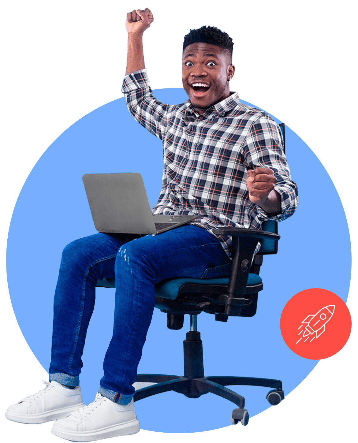 A customer celebrating at his laptop