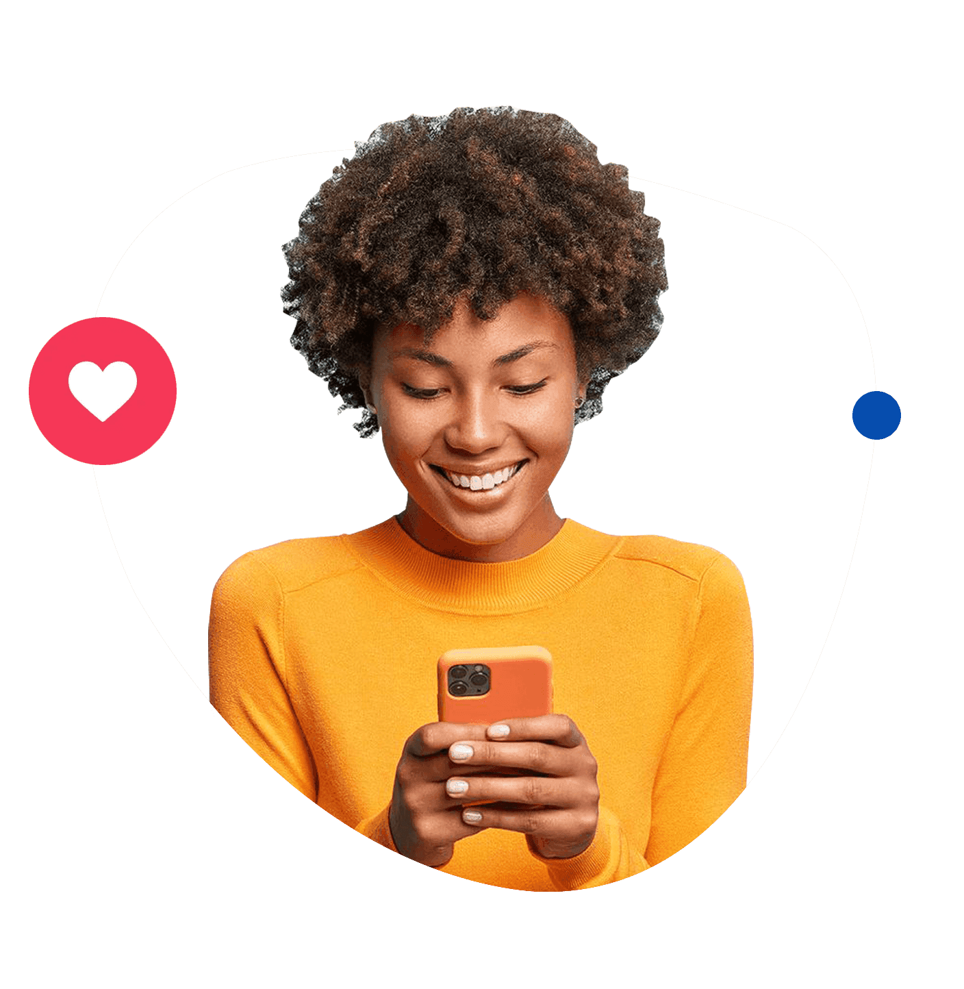 A young woman smiling as she reads a text message